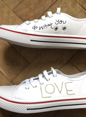 Do what you love, love what you do – hand embroidered canvas pumps