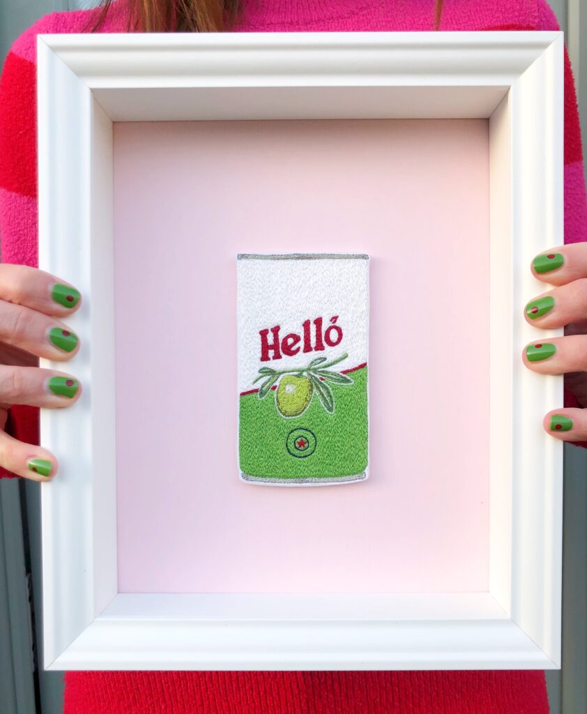 Hello Perello olive embroidered artwork by Emma Giacalone