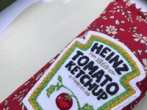Red ketchup sachet - Liberty fabric - Original embroidered artwork